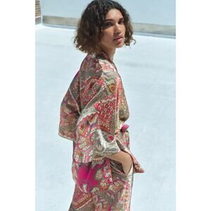 Zara Multicolor Satin Silk Paisley Print Duster Wrap Kimono Caftan Top Jacket